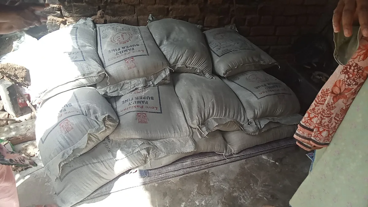 Sacks of staple supplies stored inside a room
